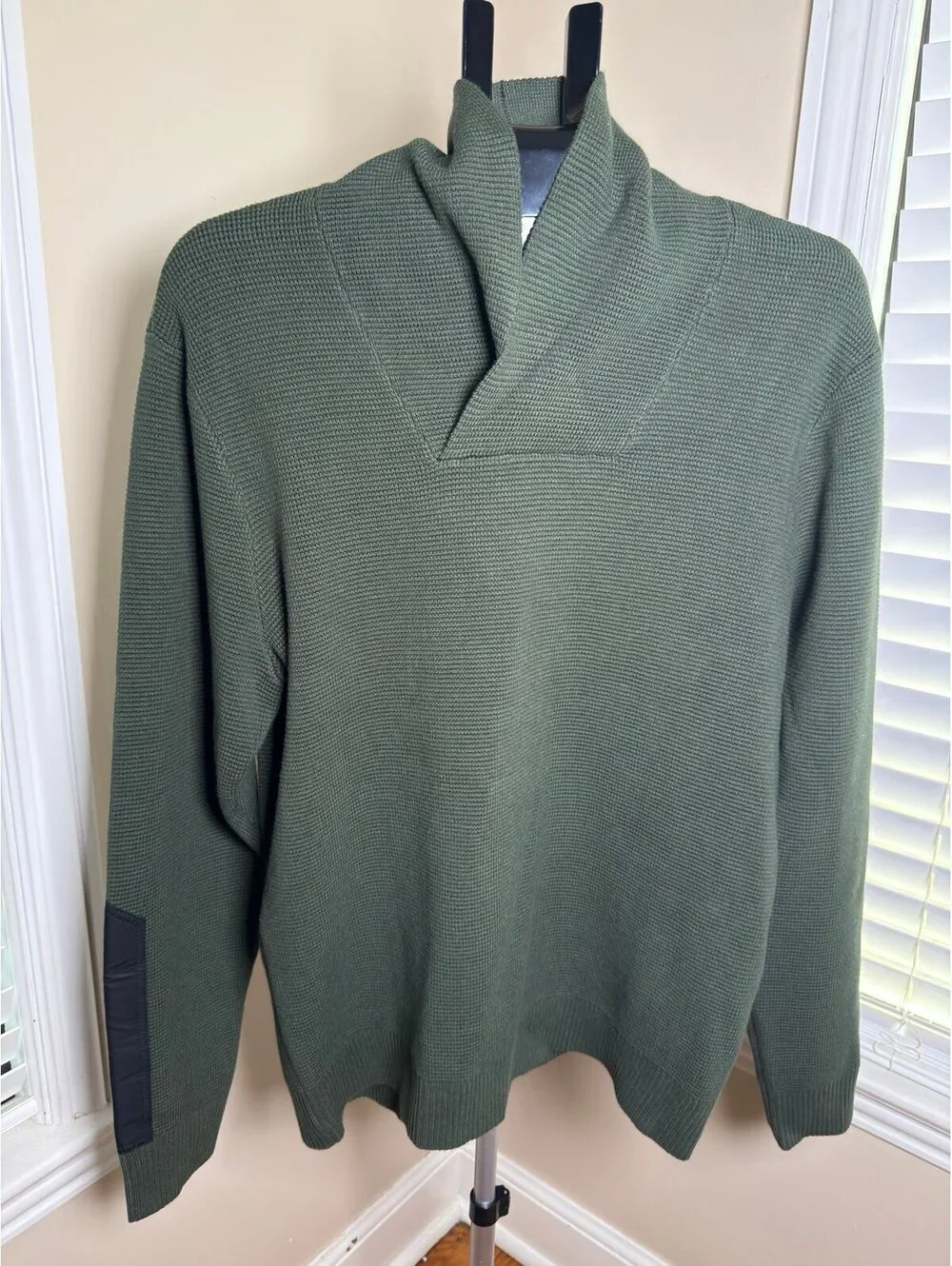AETHER Gamma Sweater Mens Large Olive Green Shawl Collar Cotton Cashmere NWT